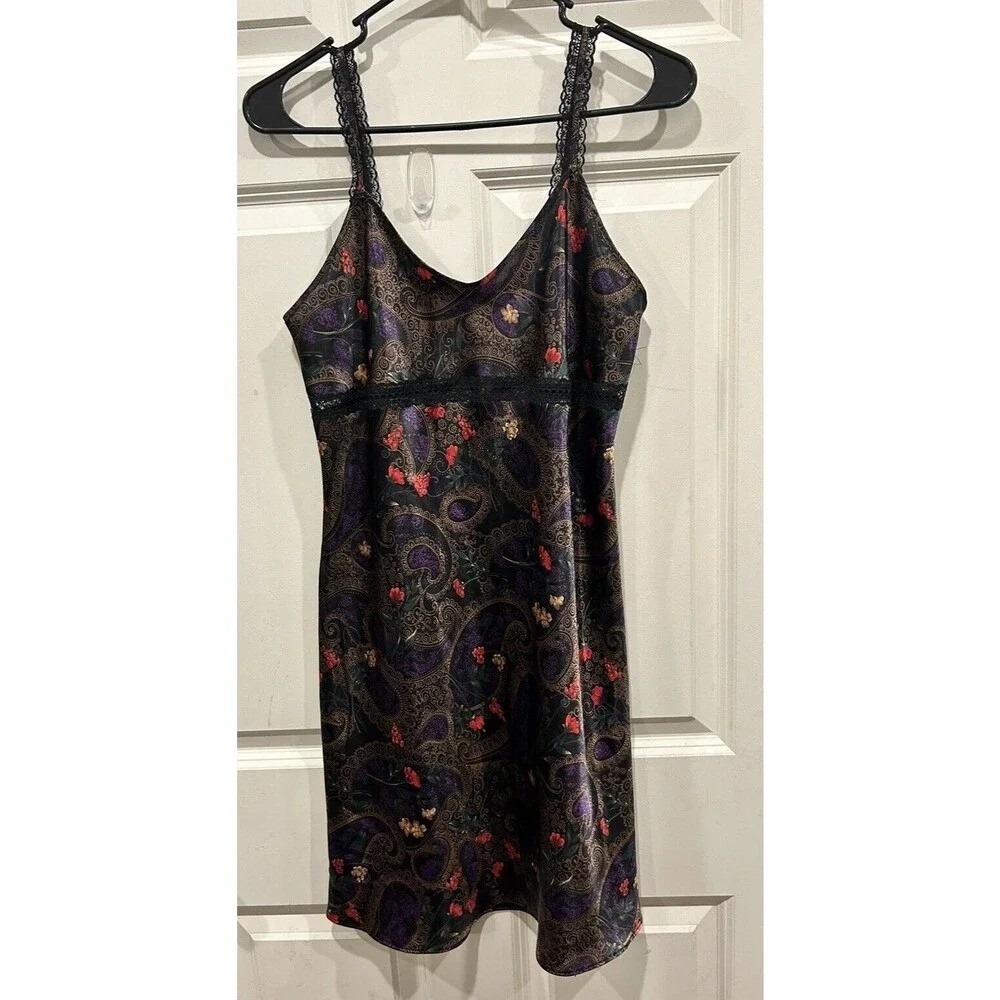 Erika Taylor Intimate Vintage Paisley Lace Trim Slip Dress Nightgown Small Black